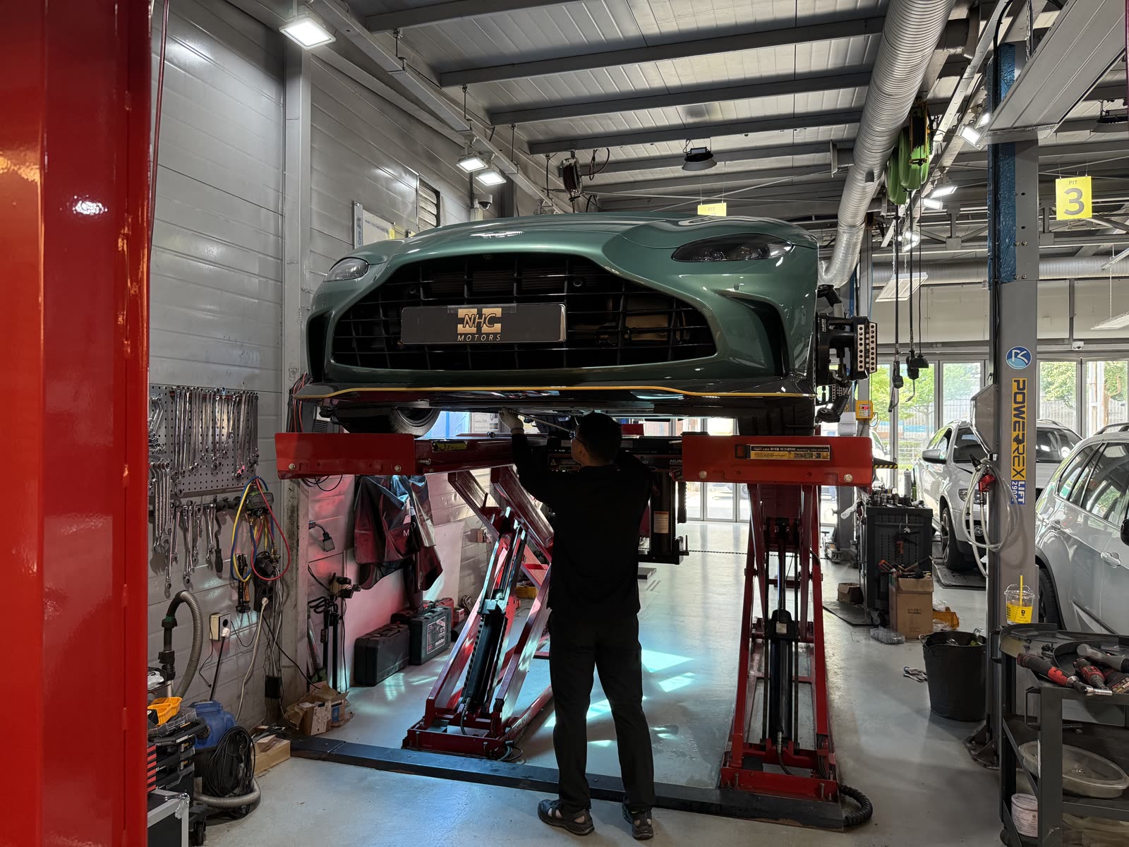 Aston Martin V12 Vantage on lift