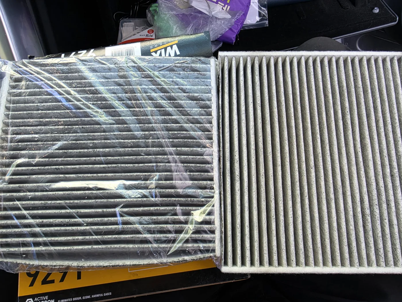 New and used cabin filters side by side