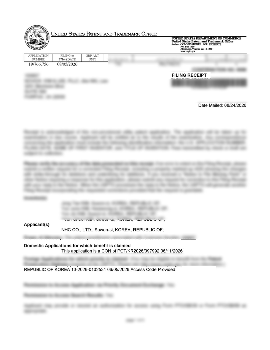 USPTO 공식 접수증(Filing Receipt) — 미국 출원 제19/766,756호, 출원인 NHC CO., LTD.