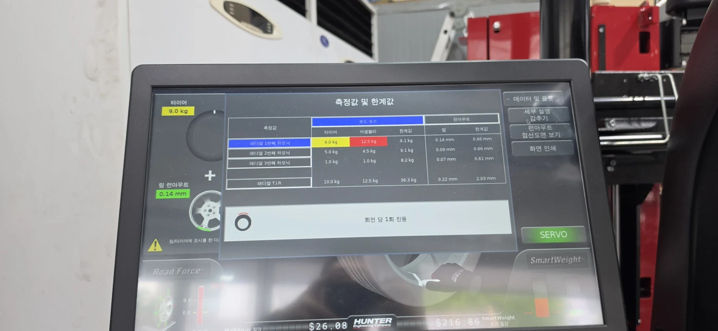 Measurement screen showing 9.0 kg for the tyre and 12.5 kg for the assembly.