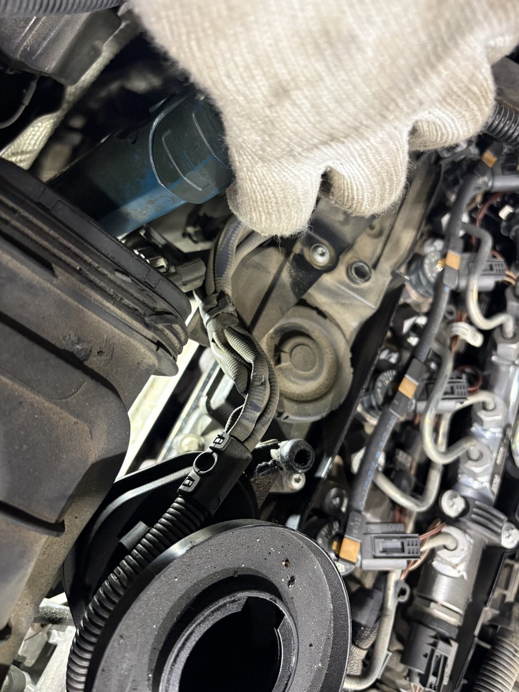 Inspecting the belt and pulley area in the engine bay.