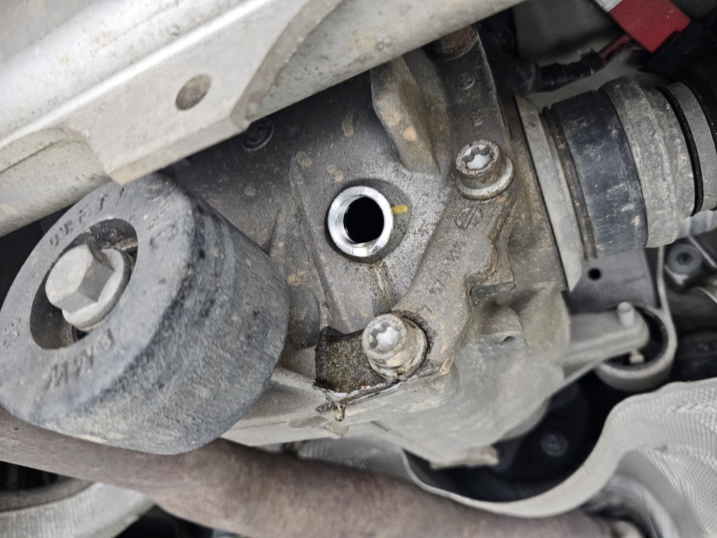 Differential housing with the fill port opened for the oil change