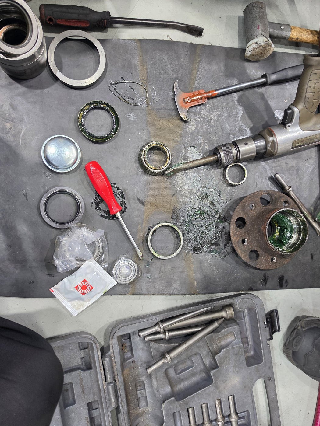 Disassembled front hub and bearing components