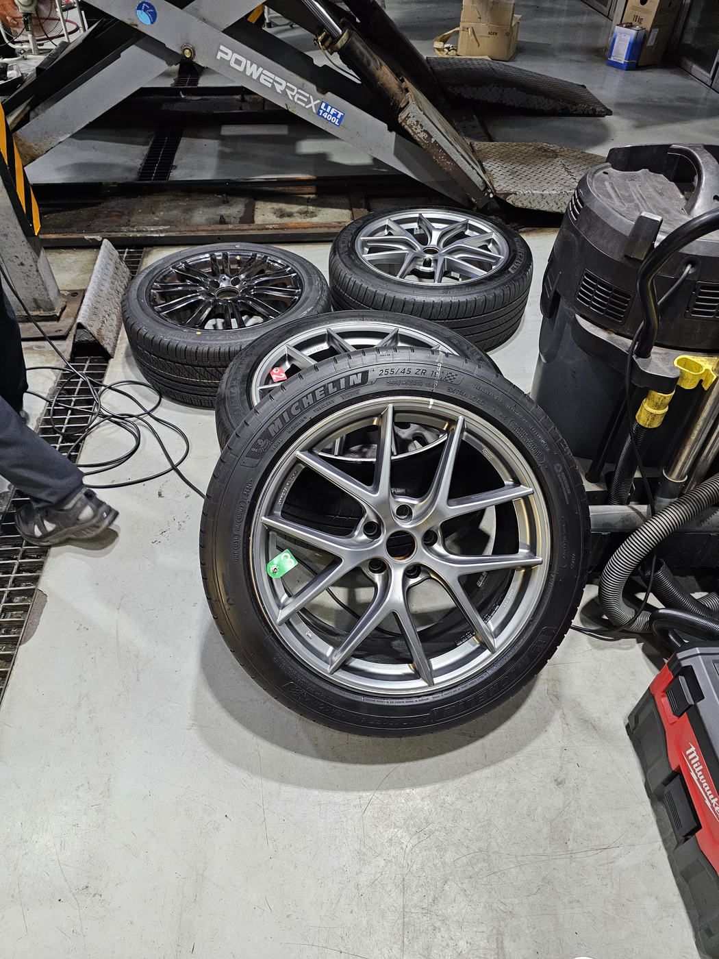 Wheels and tires removed from the car