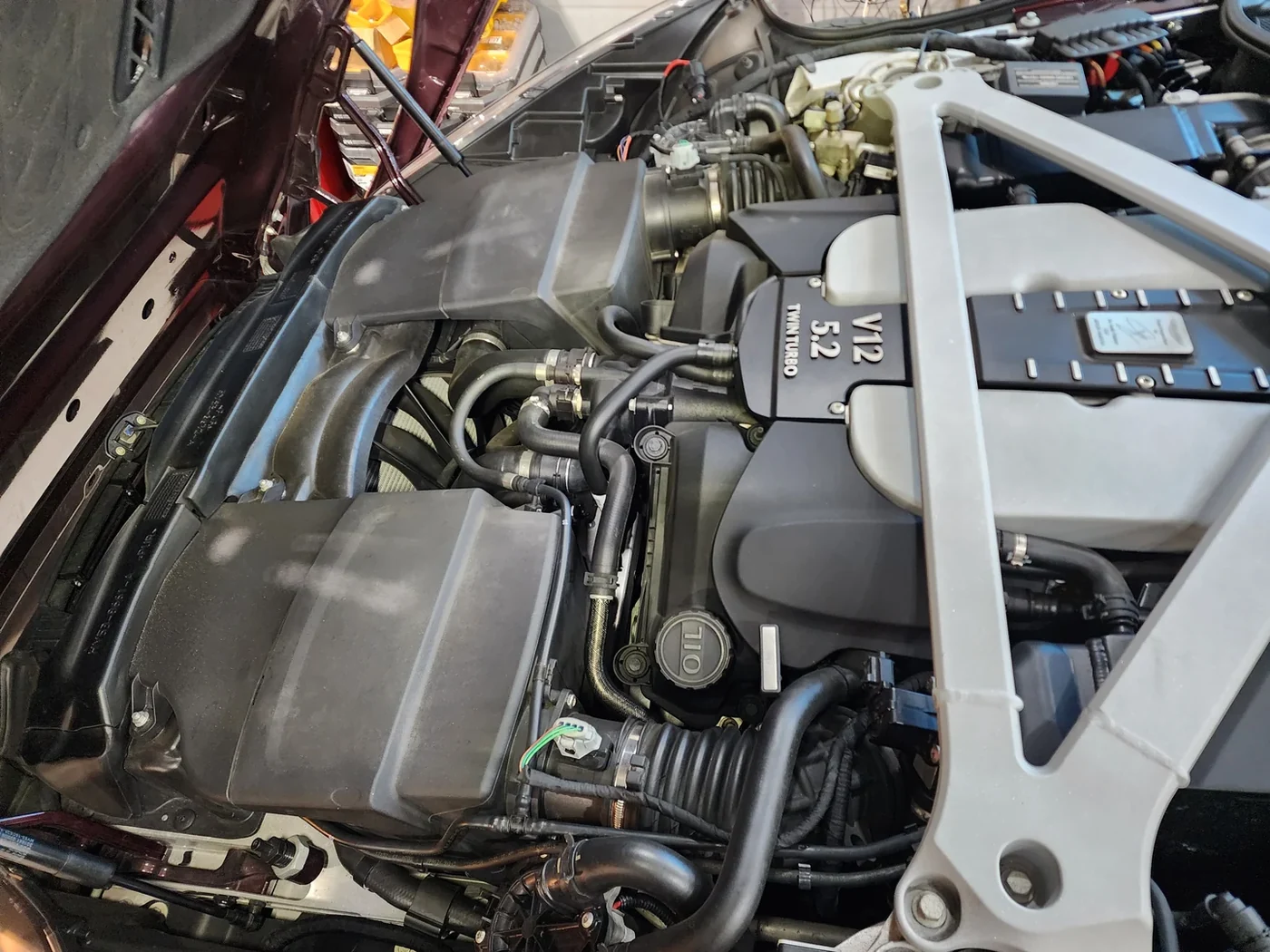 The 5.2-litre twin-turbo V12 engine bay.