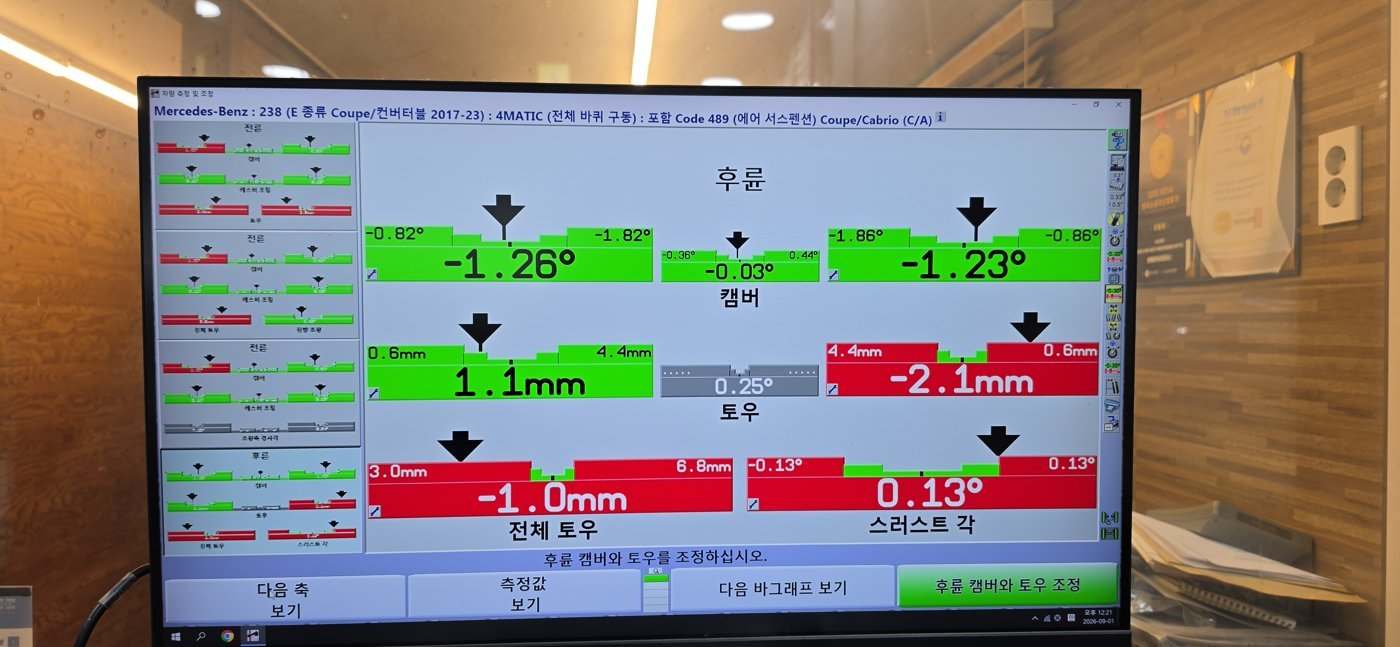 Alignment measurement screen showing rear toe of 1.1 mm and -2.1 mm
