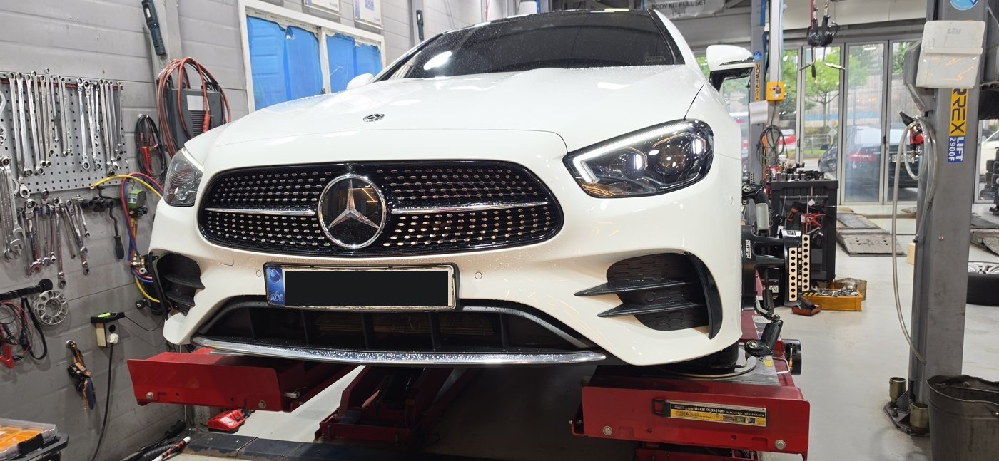 The E450 Coupe on the alignment equipment