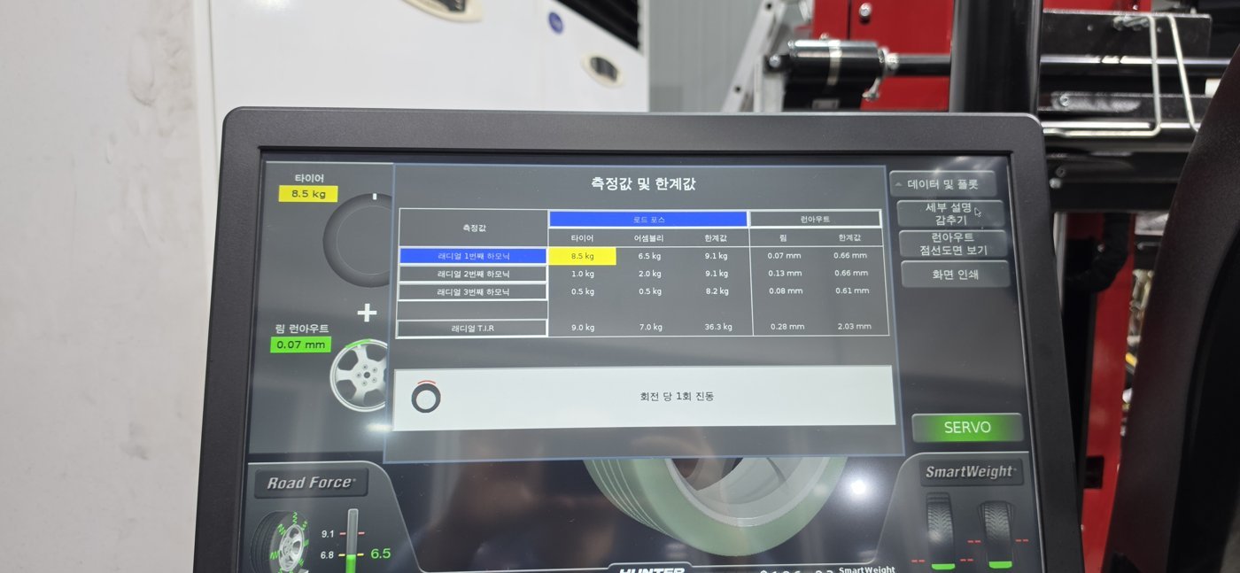 Separate measurement screen: 6.5 kg Road Force and 0.07 mm rim runout