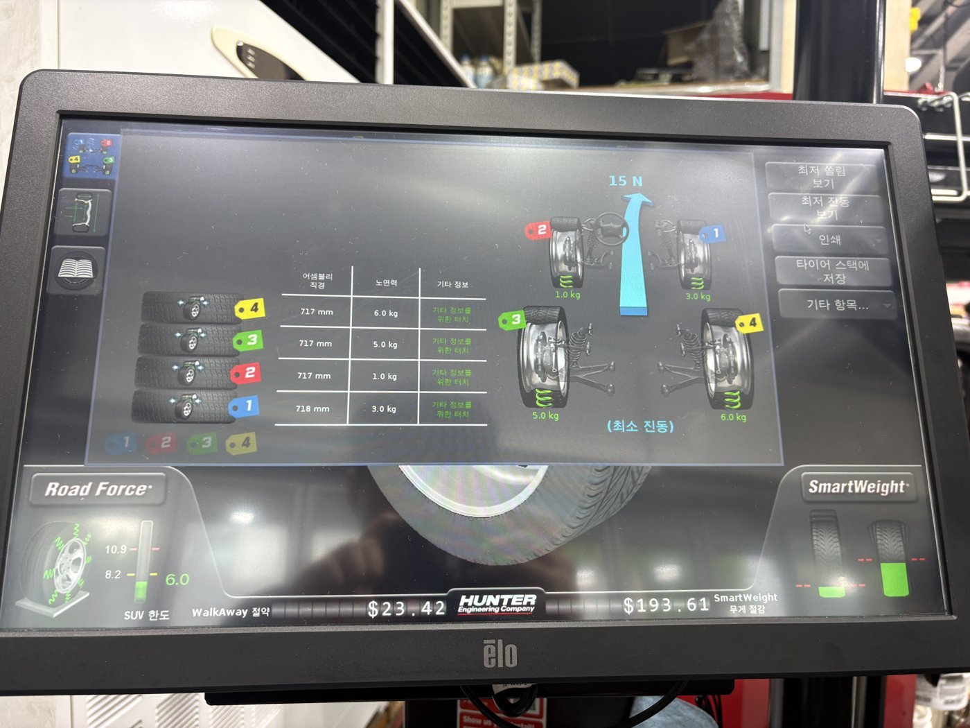 RFV for wheels 1–4 of 3.0, 1.0, 5.0 and 6.0 kg, with the minimum-vibration proposal (predicted lateral force 15 N)