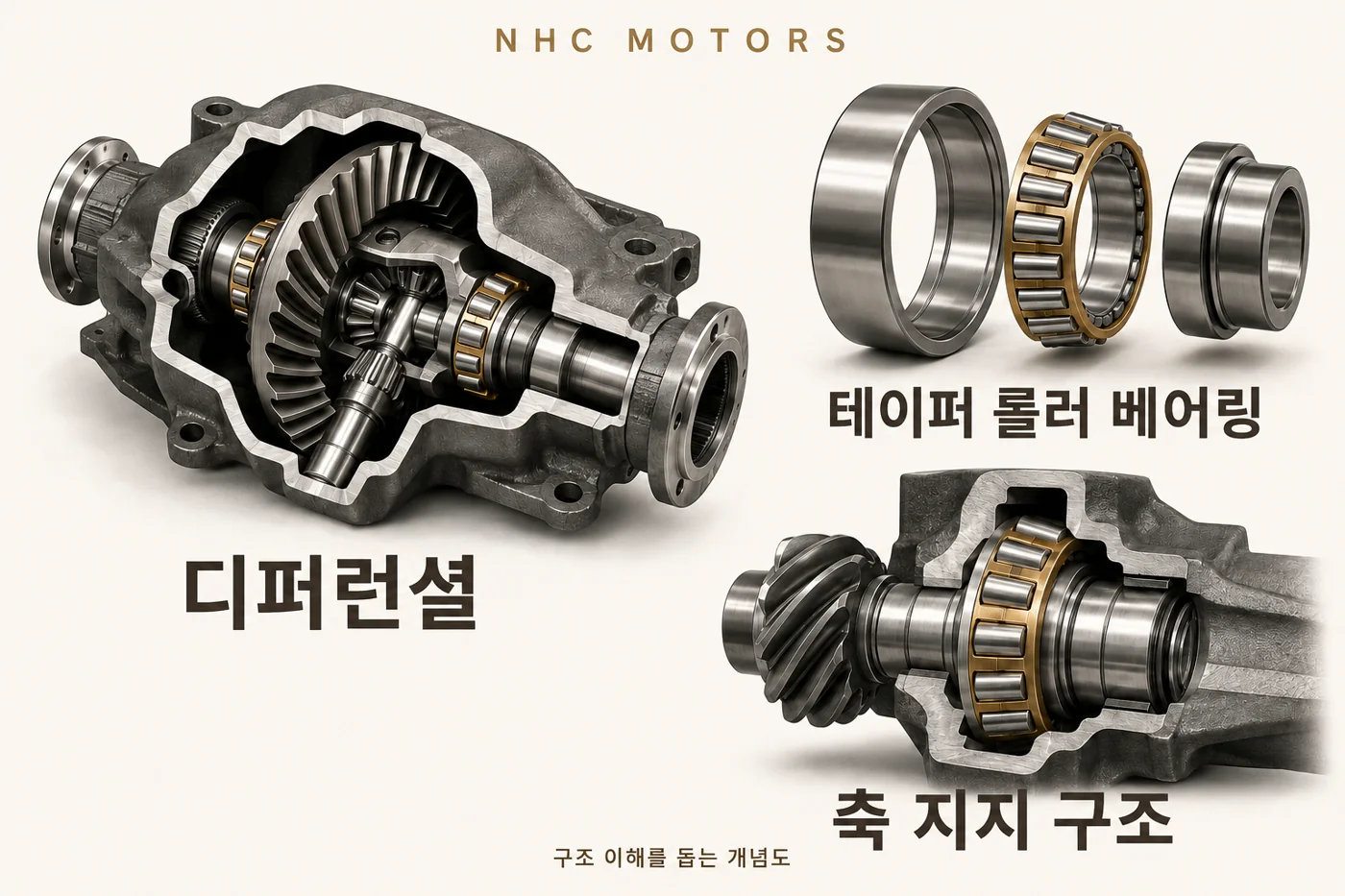 디퍼런셜, 테이퍼 롤러 베어링, 축 지지 구조를 보여주는 3D 개념 일러스트