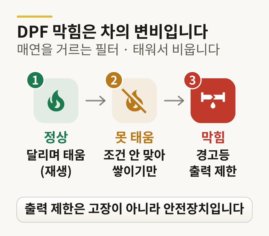 DPF 막힘 단계 — 정상(달리면서 태워 비움), 조건이 안 맞음(못 태우고 쌓임), 막힘(경고등·출력 제한·연비 하락). 출력 제한은 안전장치