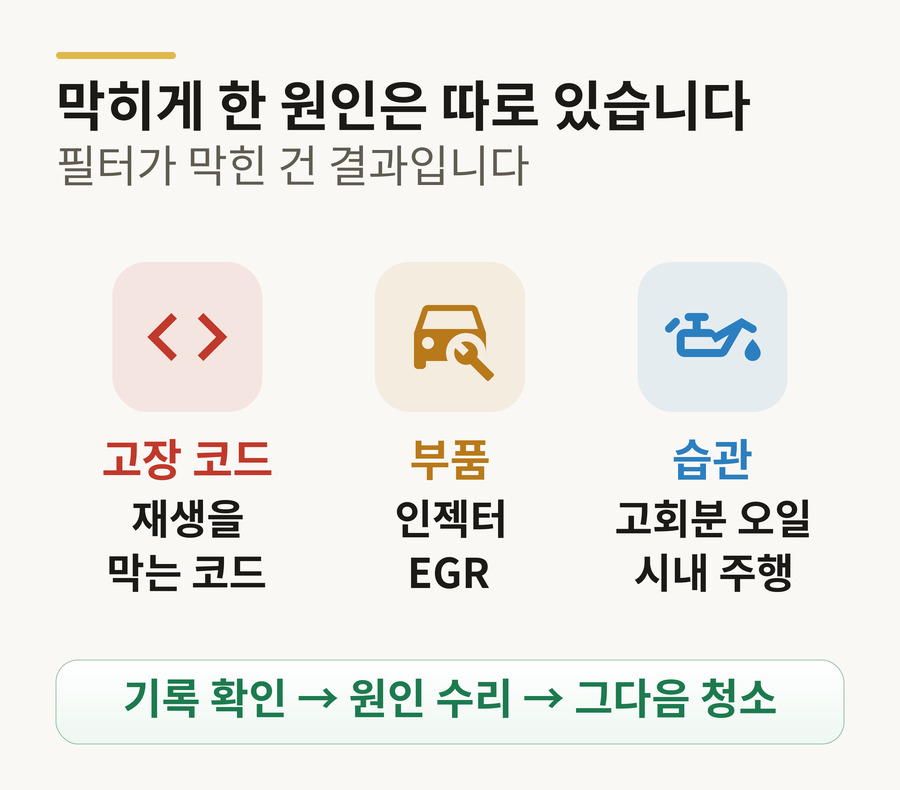 막히게 한 원인 후보 — 재생을 못 하게 막는 고장 코드, 그을음을 많이 만드는 인젝터·EGR, 고회분 오일과 시내 짧은 주행. 기록 확인 → 원인 수리 → 그다음 청소
