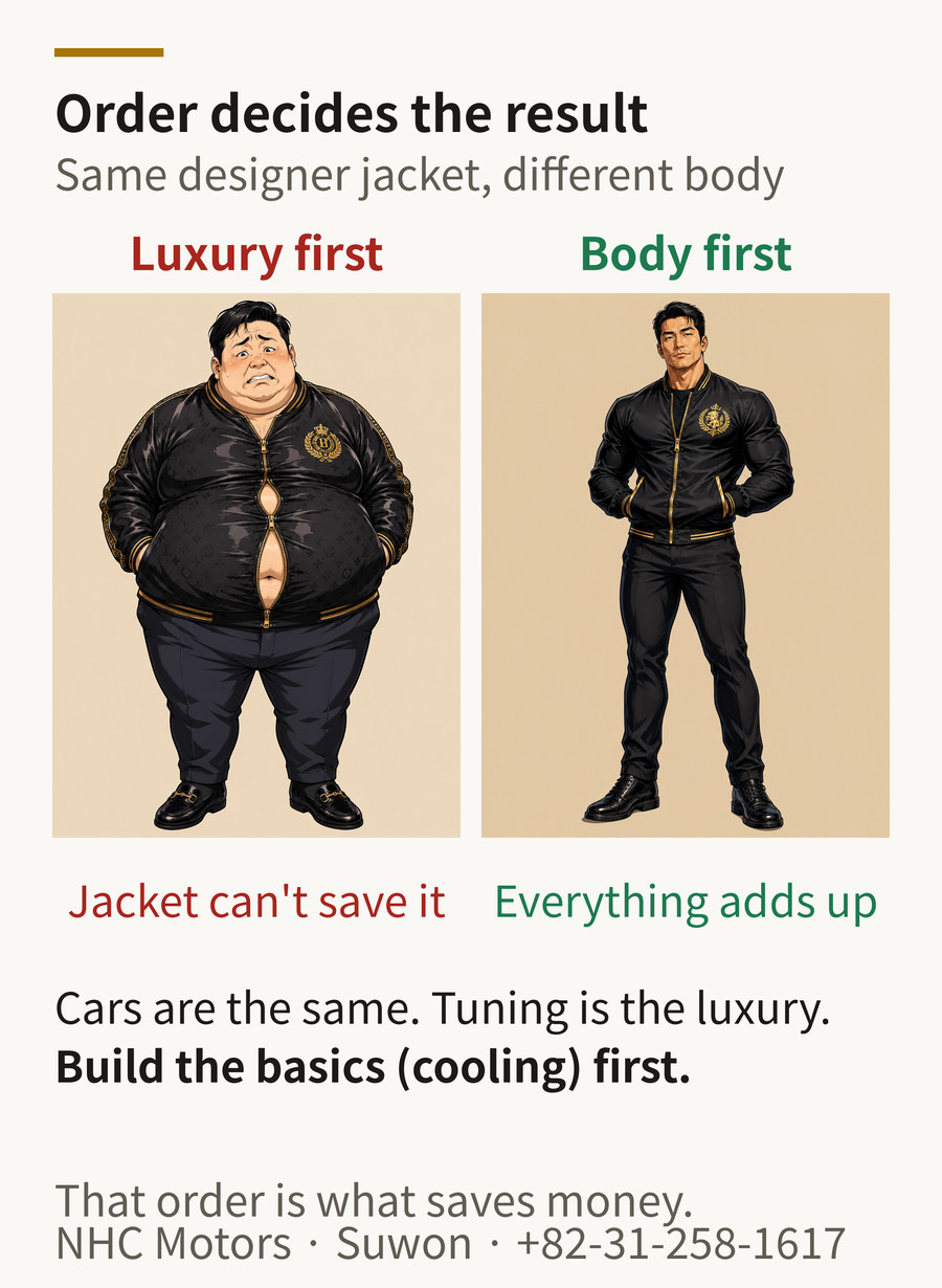 Priority analogy diagram — a designer jacket on an untrained body versus the same jacket after building the body first