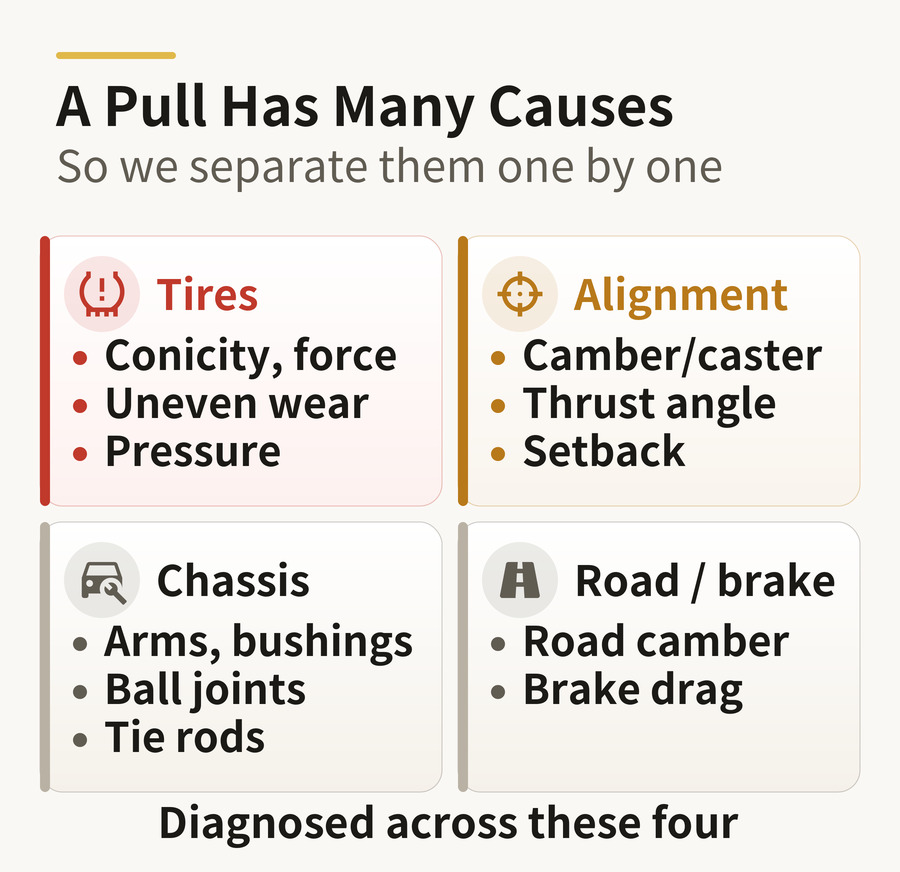 Cause map — tires, alignment, chassis, road and braking