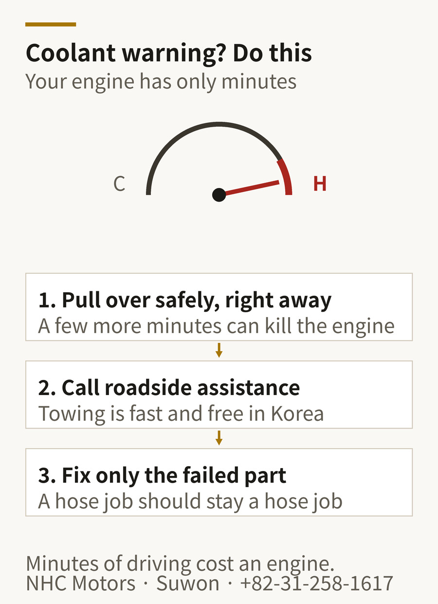 Coolant warning response diagram — stop immediately, call roadside assistance for towing, repair only the failed part
