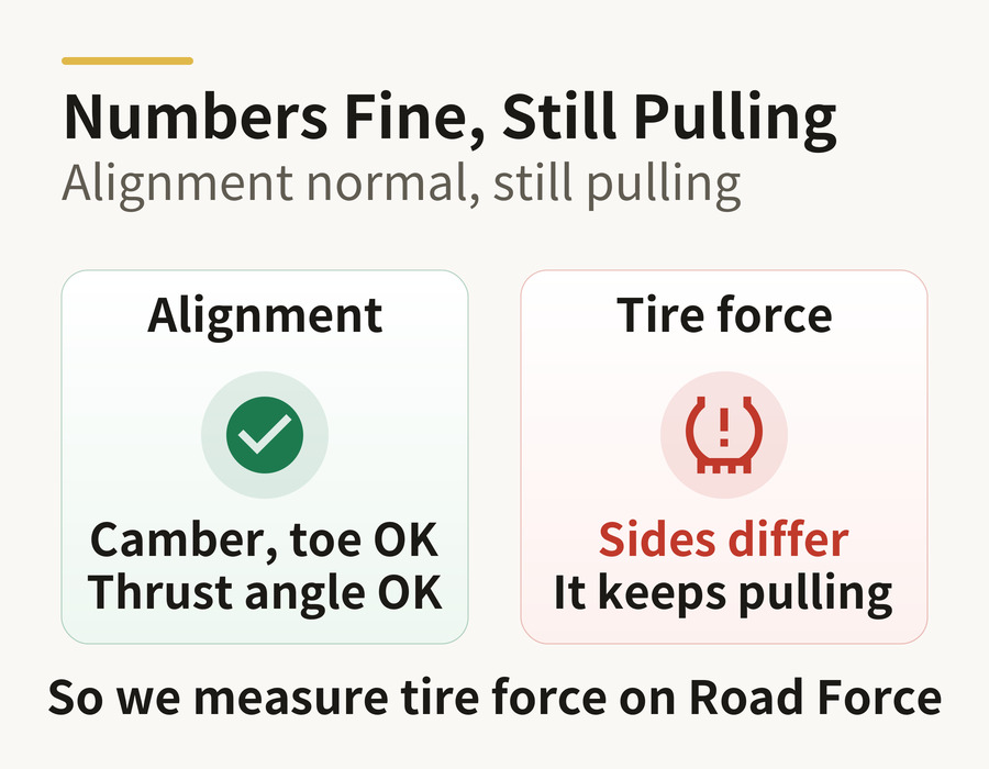 Alignment normal but tire force uneven, so the car keeps pulling