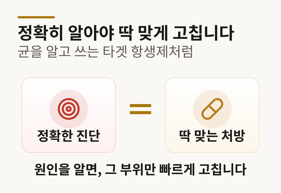타겟 진단 비유 도해 — 몸속 세균과 같은 모양의 타겟 약이 맞아떨어지듯 정확한 진단이 딱 맞는 수리로 이어진다