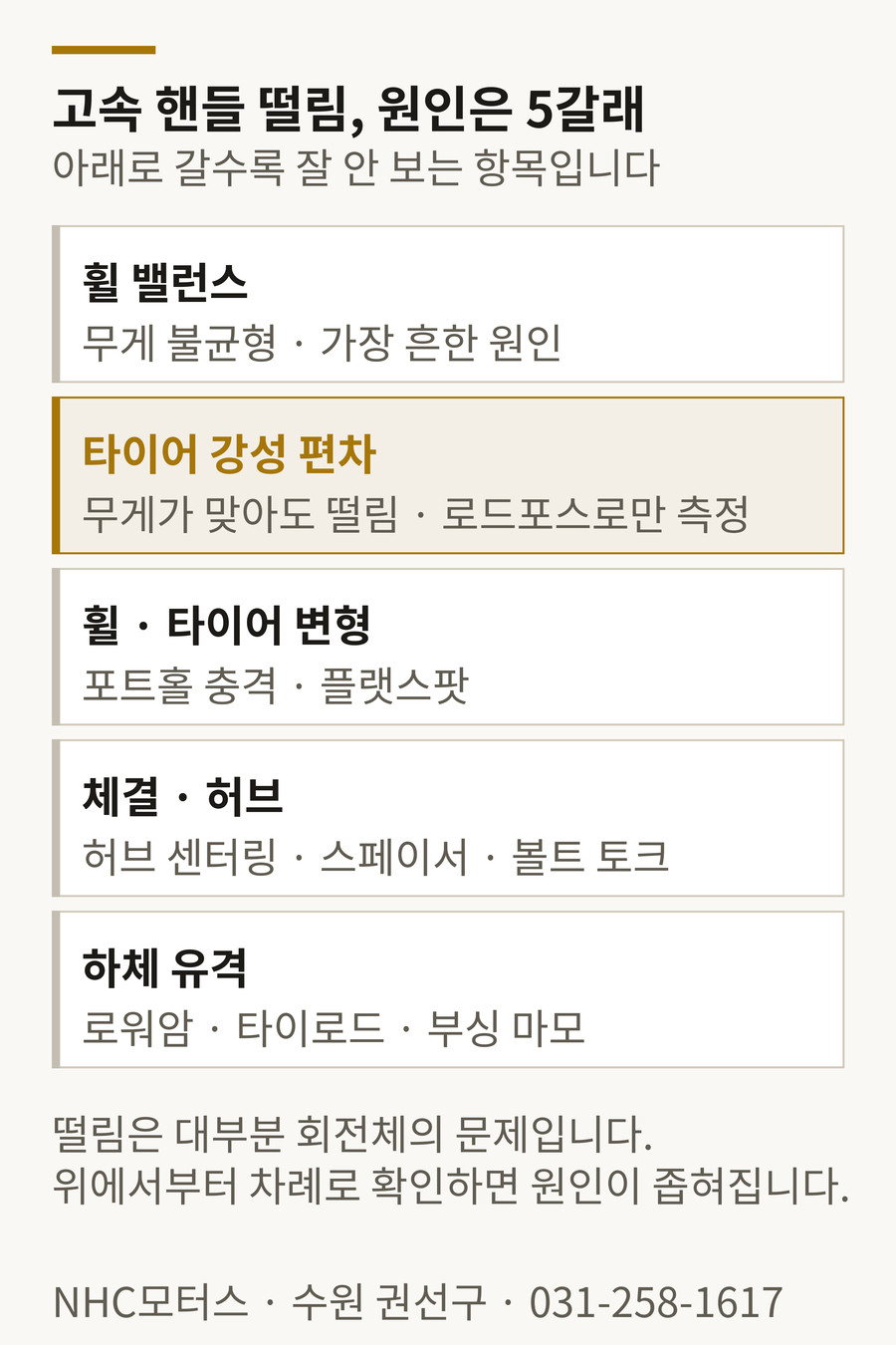 고속 핸들 떨림 원인 5가지 — 휠 밸런스, RFV, 변형, 체결, 하체 유격