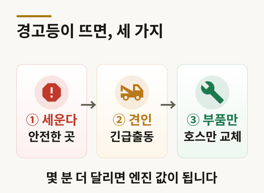 냉각수 경고 대처 3단계 도해 — 즉시 정차, 보험사 긴급출동 견인, 원인 부품만 수리