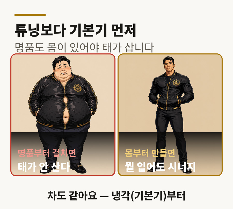 기본기 우선순위 비유 도해 — 몸을 만들기 전 명품부터 걸치는 순서와 몸부터 만든 뒤 더하는 순서 비교
