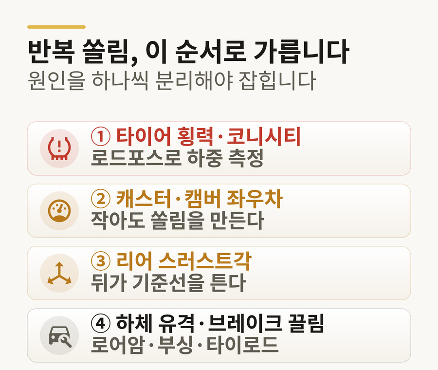 반복 쏠림 진단 순서 도해 — 타이어 횡력·코니시티, 캐스터·캠버 좌우차, 리어 스러스트각, 하체 유격 순