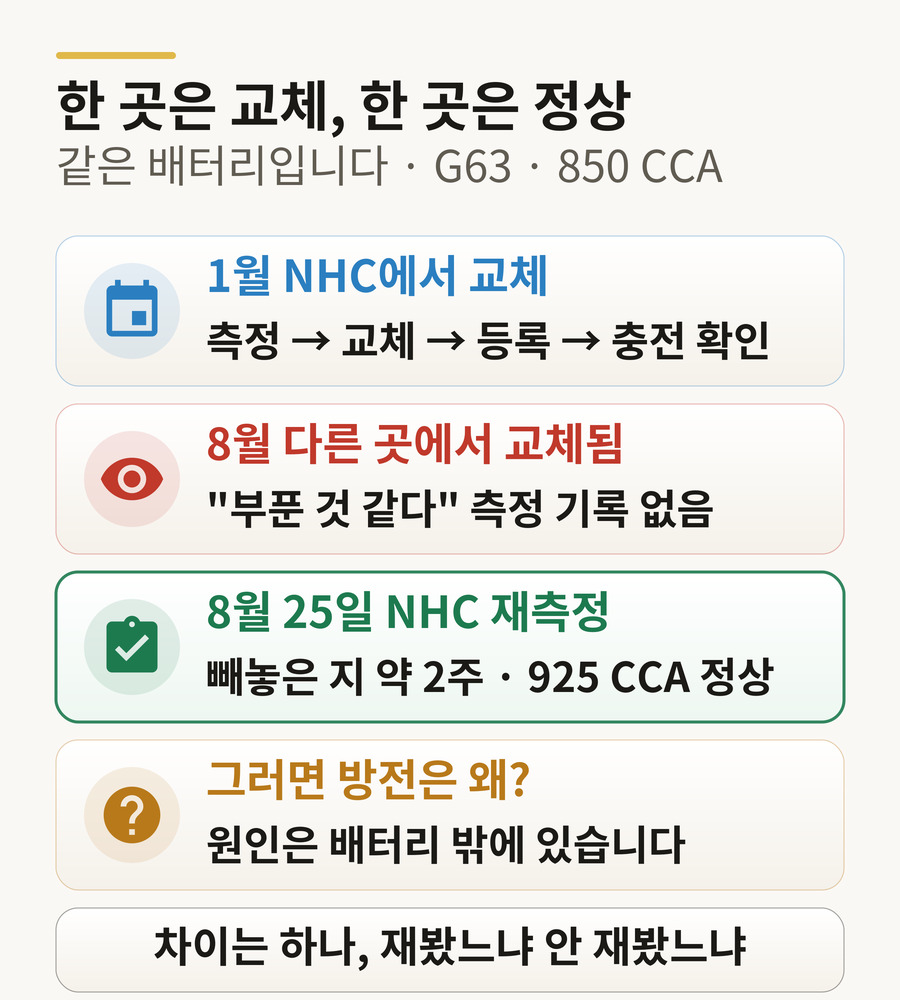 G63 배터리 타임라인 — 1월 NHC 교체, 8월 다른 곳에서 부푼 것 같다며 교체, 8월 25일 NHC 재측정 925 CCA 정상, 방전 원인은 배터리 밖