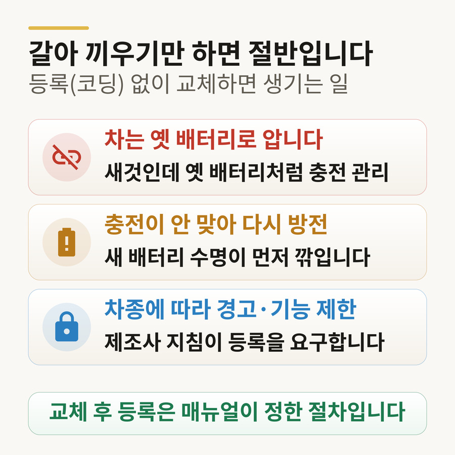 등록(코딩) 없이 배터리를 교체하면 — 차는 옛 배터리로 인식, 충전이 안 맞아 다시 방전, 차종에 따라 경고·기능 제한