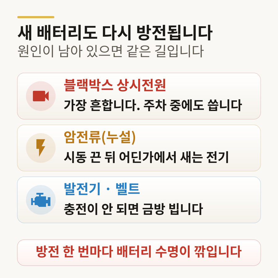 반복 방전의 원인 — 블랙박스 상시전원, 암전류, 발전기·벨트. 방전 한 번마다 배터리 수명이 깎인다