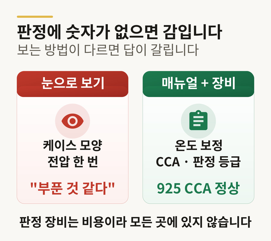 배터리 판정 — 눈으로 보기(케이스 모양, 전압 한 번)와 매뉴얼+장비(온도 보정, CCA, 판정 등급)의 차이