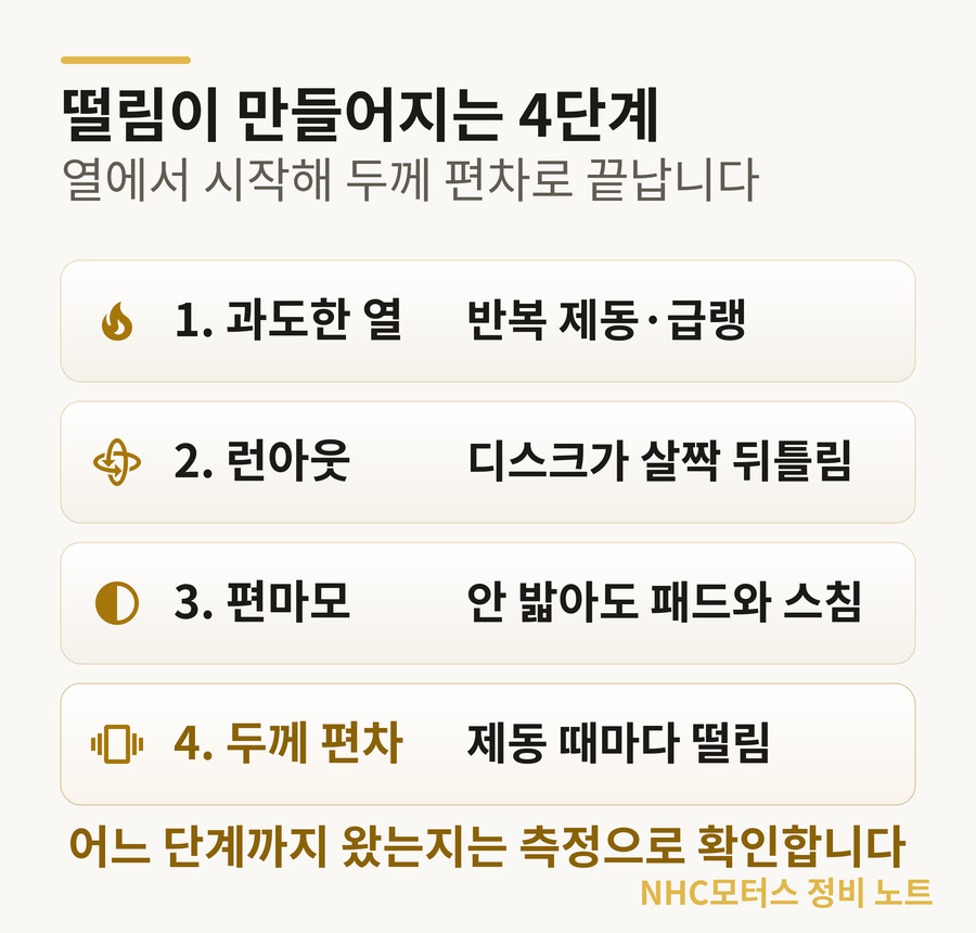 브레이크 떨림 4단계 — 과도한 열, 런아웃, 편마모, 두께 편차