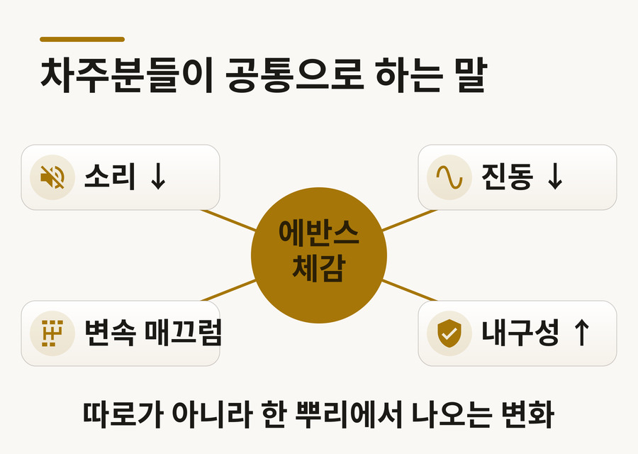 에반스 시공 후 체감 변화 마인드맵 도해 — 안정된 냉각에서 소리 감소, 진동 감소, 출력 여유, 부드러운 변속, 연비 사례, 내구성 여섯 갈래