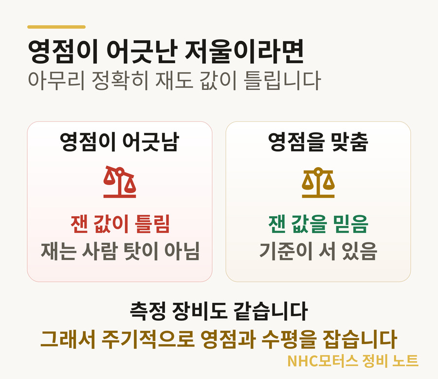 영점이 어긋난 저울은 정확히 재도 값이 틀린다 — 측정 장비의 영점·수평 교정이 필요한 이유
