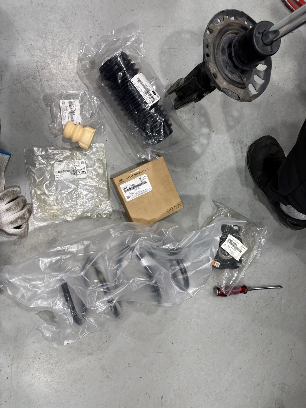 The removed strut and newly prepared related components.