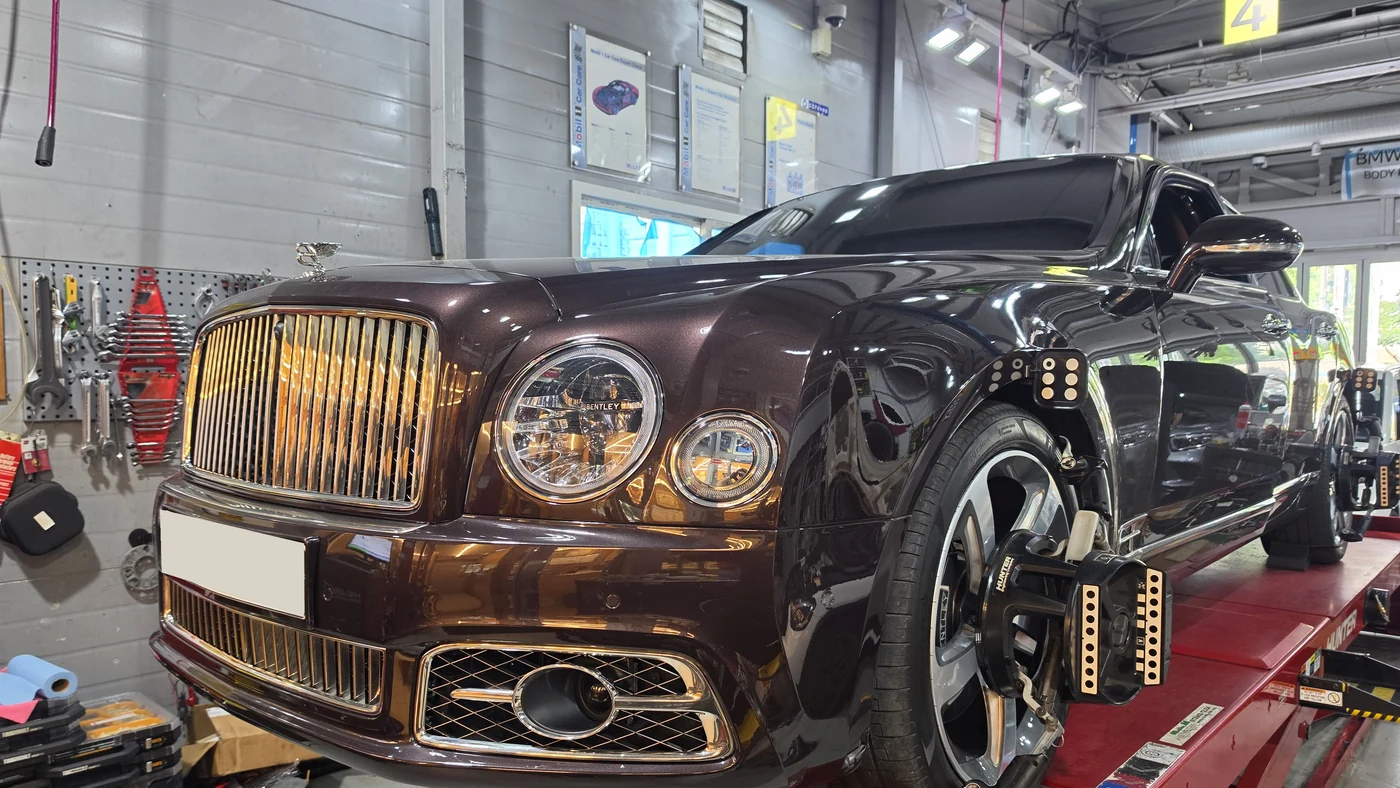 August 2026 · The same Mulsanne on the alignment rack
