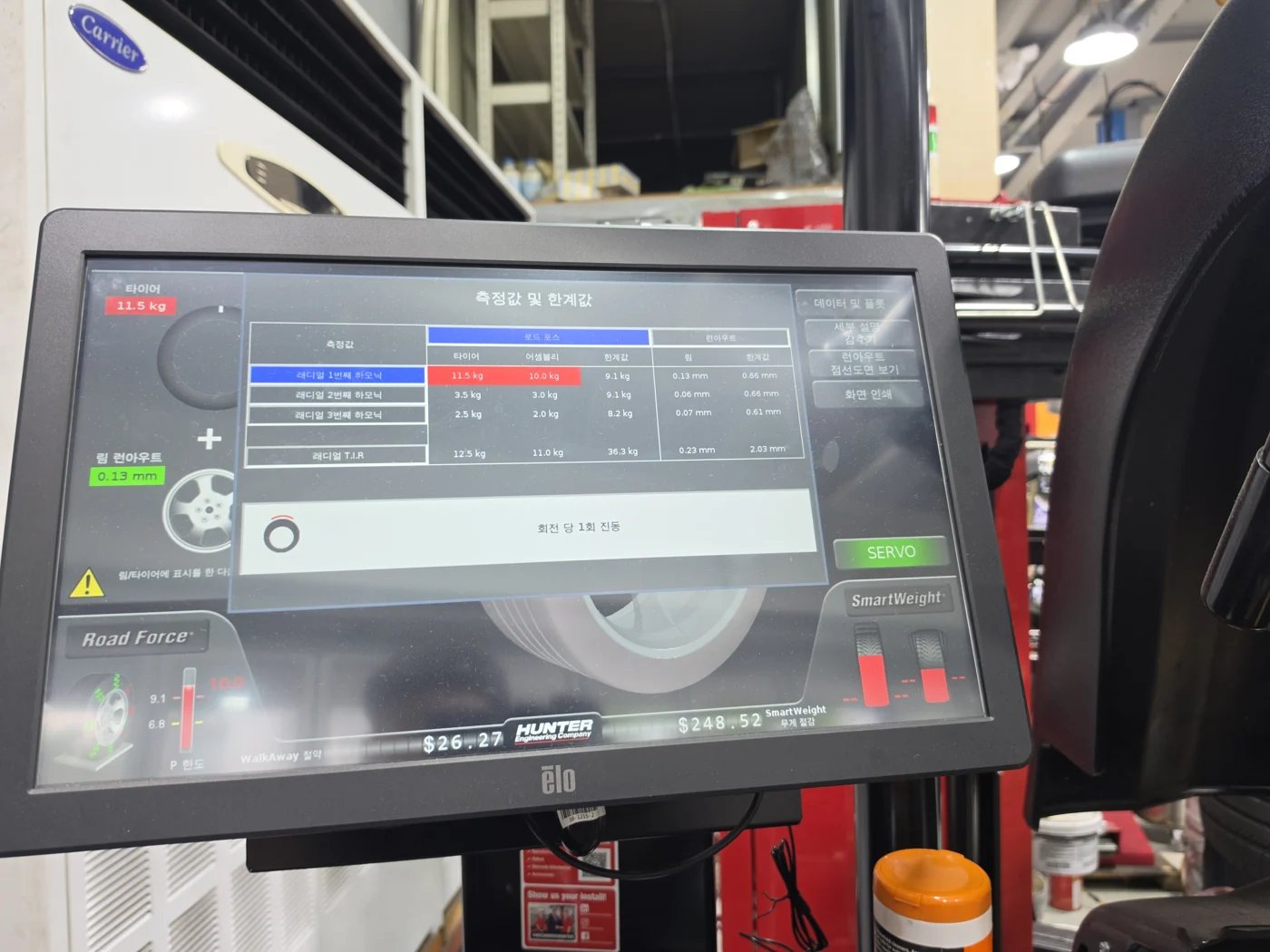 RFV and predicted tyre-matching values on the equipment display