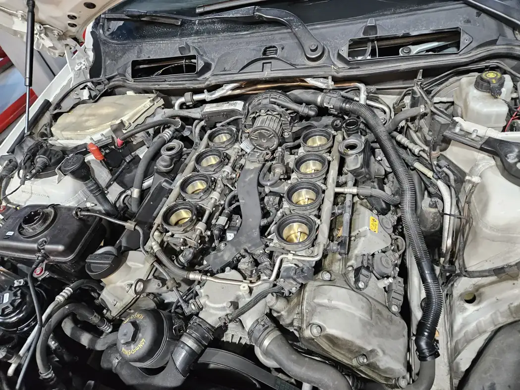 V8 engine with covers removed